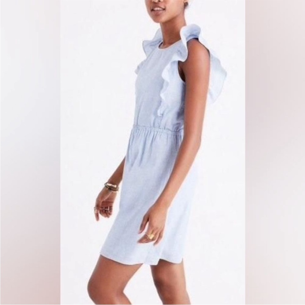 J. Crew Ruffle Sleeveless Linen Cotton Dress SZ 6 Blue White Stripes - Picture 2 of 16